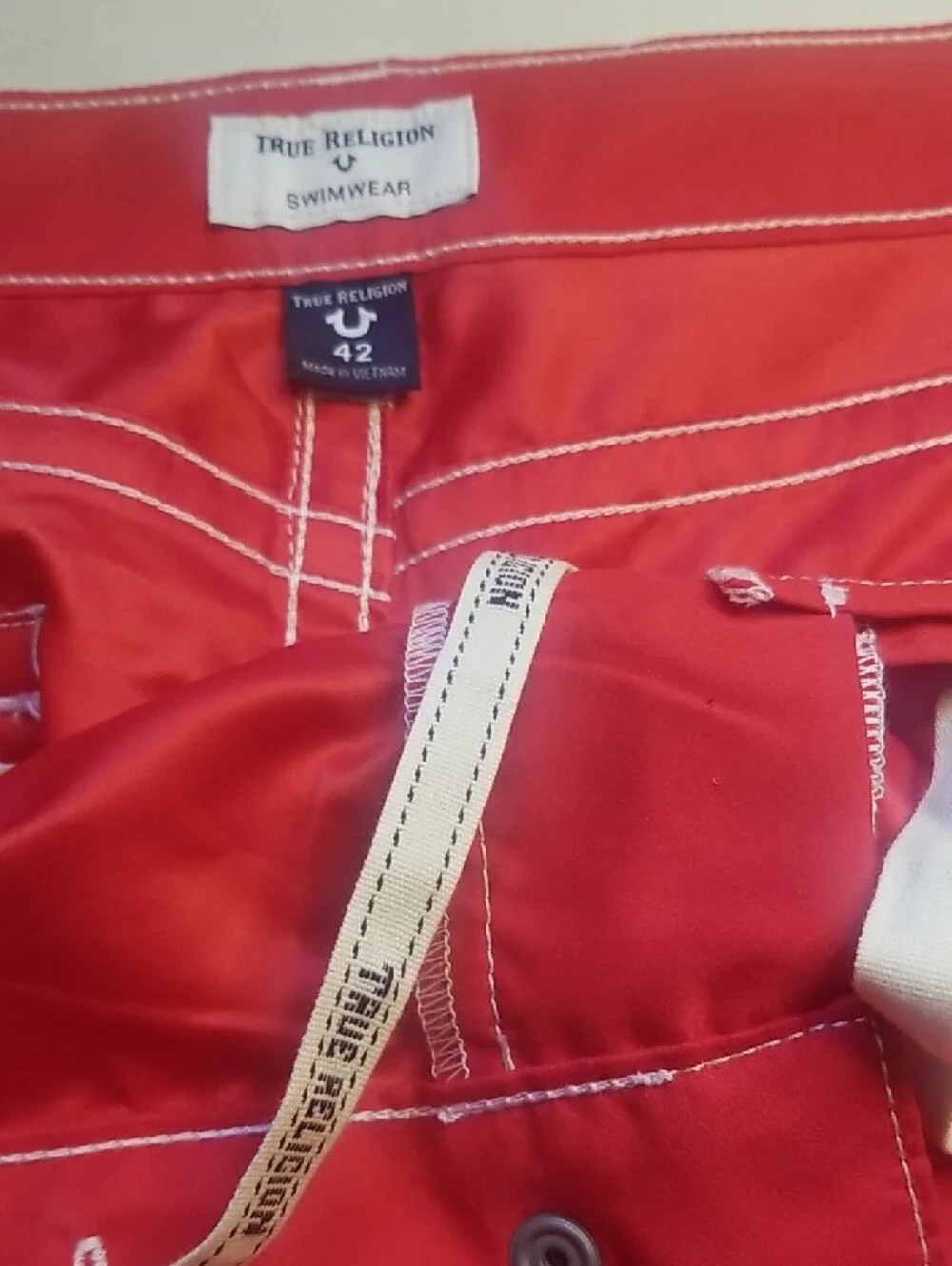 True Religion Men’s Bright Red Shorts with White Stitching